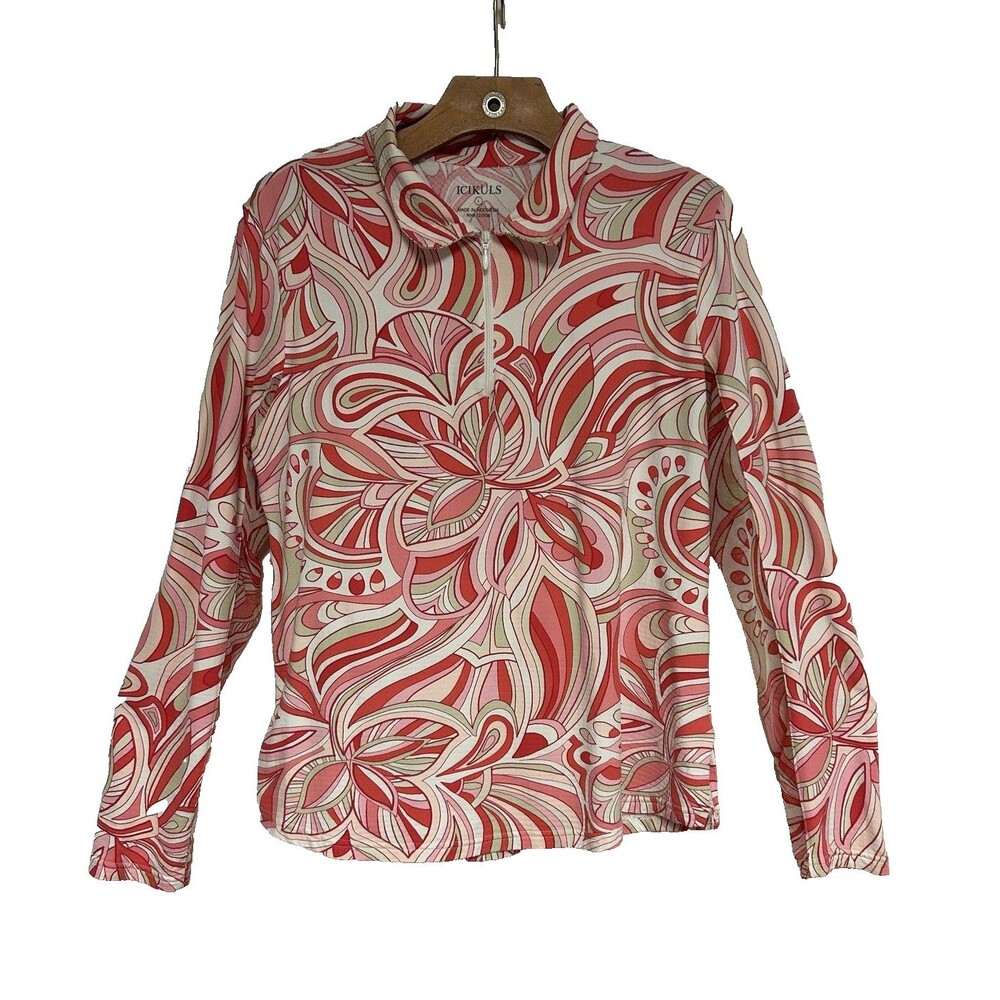 Icikuls Pink Paisley 1/4 Zip Mesh in Long Sleeves Stretch Athletic Shirt Woman L